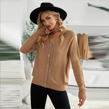 Casual Pure Color V-Neck Single-Breasted Pullover Sweater