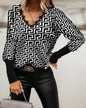 Loose-Fit V-Neck Check Print Long Sleeve Blouse