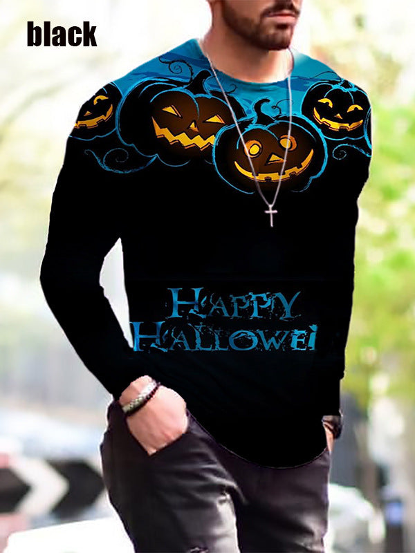 Halloween-Themed Autumn and Winter Print Long Sleeve T-Shirt for Men