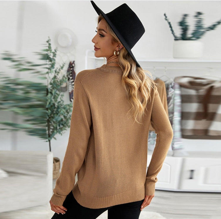 Casual Pure Color V-Neck Single-Breasted Pullover Sweater