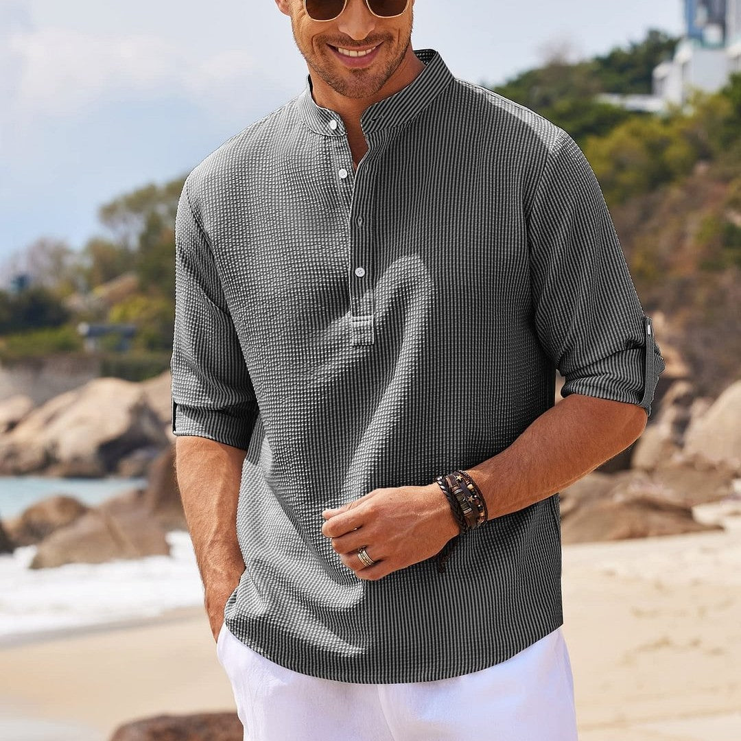 Men's Casual Long Sleeve Stand Collar Shirt – Solid Color Fashion for a Sleek, Modern Look