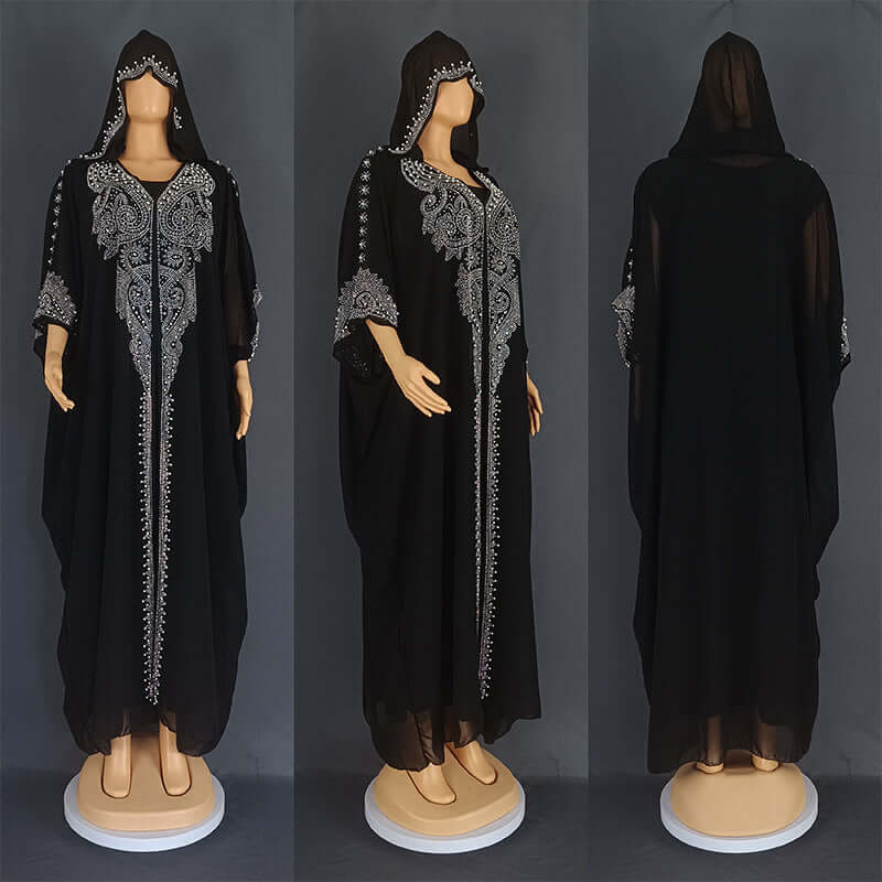 Beaded African Hooded Long Gown with Rhinestones