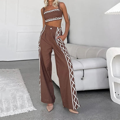 Women's Crop-top Spaghetti-strap Trousers Two-piece Suit - PureSelect