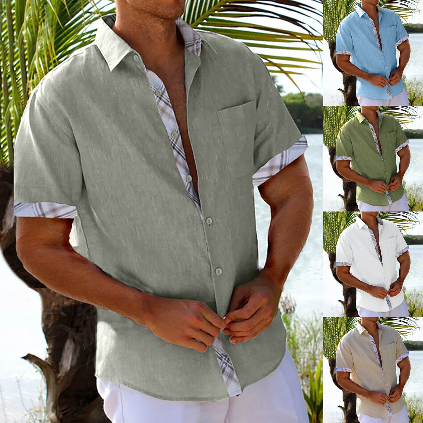 Men's Vacation Short Sleeve Shirt with Plaid Sides – Perfect for Summer Hawaii Beach Style.