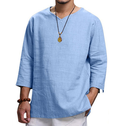 Men's Loose Casual V-Neck Top – Cotton and Linen Long Sleeve Pullover Shirt