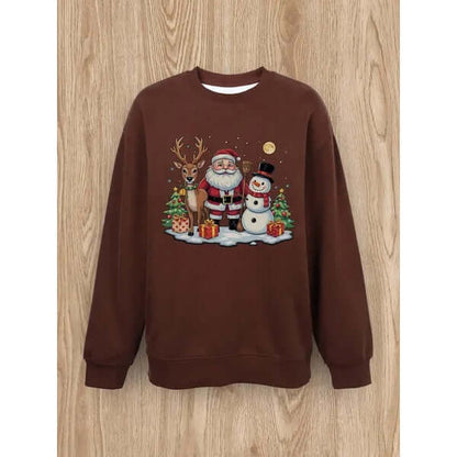 Women's Basic Casual Pullover – Long Sleeve with Elk and Santa Claus Print, Round Neck