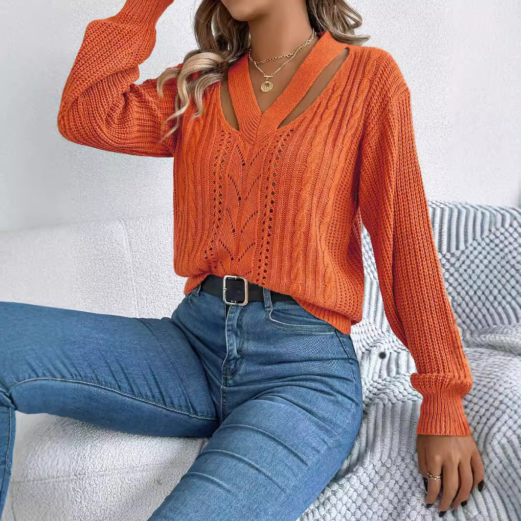 Hollow Out V-Neck Pullover Sweater with Twist Lantern Sleeves