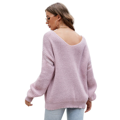 Solid Color V-Neck Long Sleeve Pullover Sweater for Women