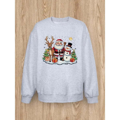 Women's Basic Casual Pullover – Long Sleeve with Elk and Santa Claus Print, Round Neck