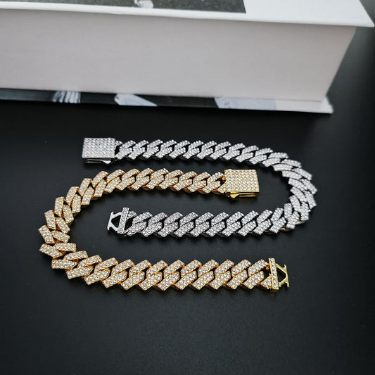 Diamond-shaped Full Diamond Cuban Link Chain Men's And Women's Fashion Necklace