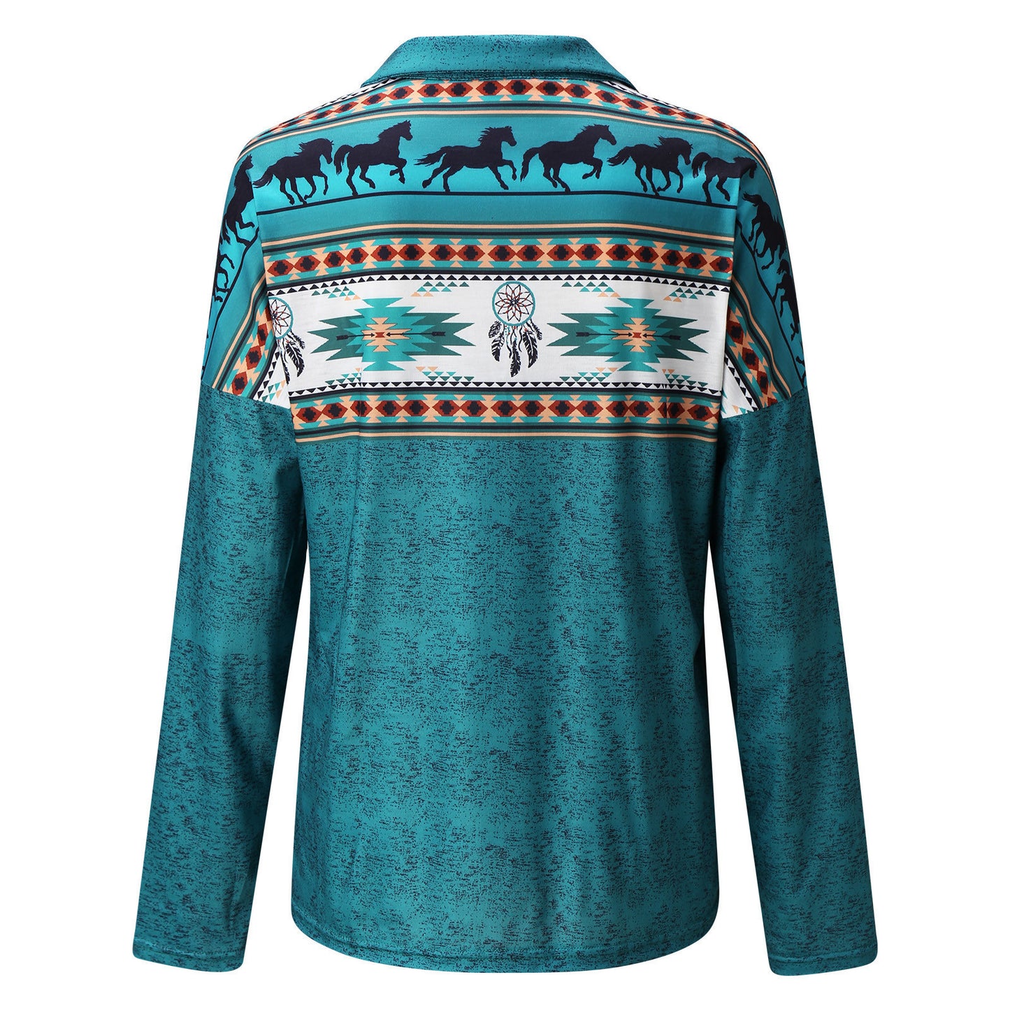 Printed V-Neck Long Sleeve Pullover with Zipper for Women