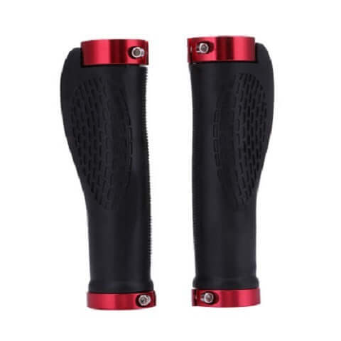 Ergonomics mountain bike rubber handle cover with red metal accents for comfortable grip on rough terrain.