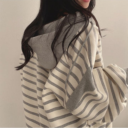 Casual Striped V-Neck Cotton Pullover Sweater with Hood for Women