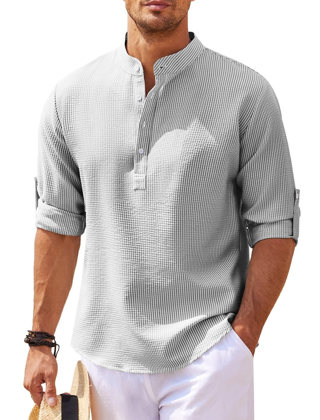 Men's Casual Long Sleeve Stand Collar Shirt – Solid Color Fashion for a Sleek, Modern Look