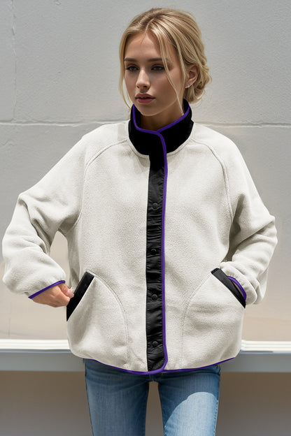 Double Take Snap Down Contrast Fleece Jacket with Pockets