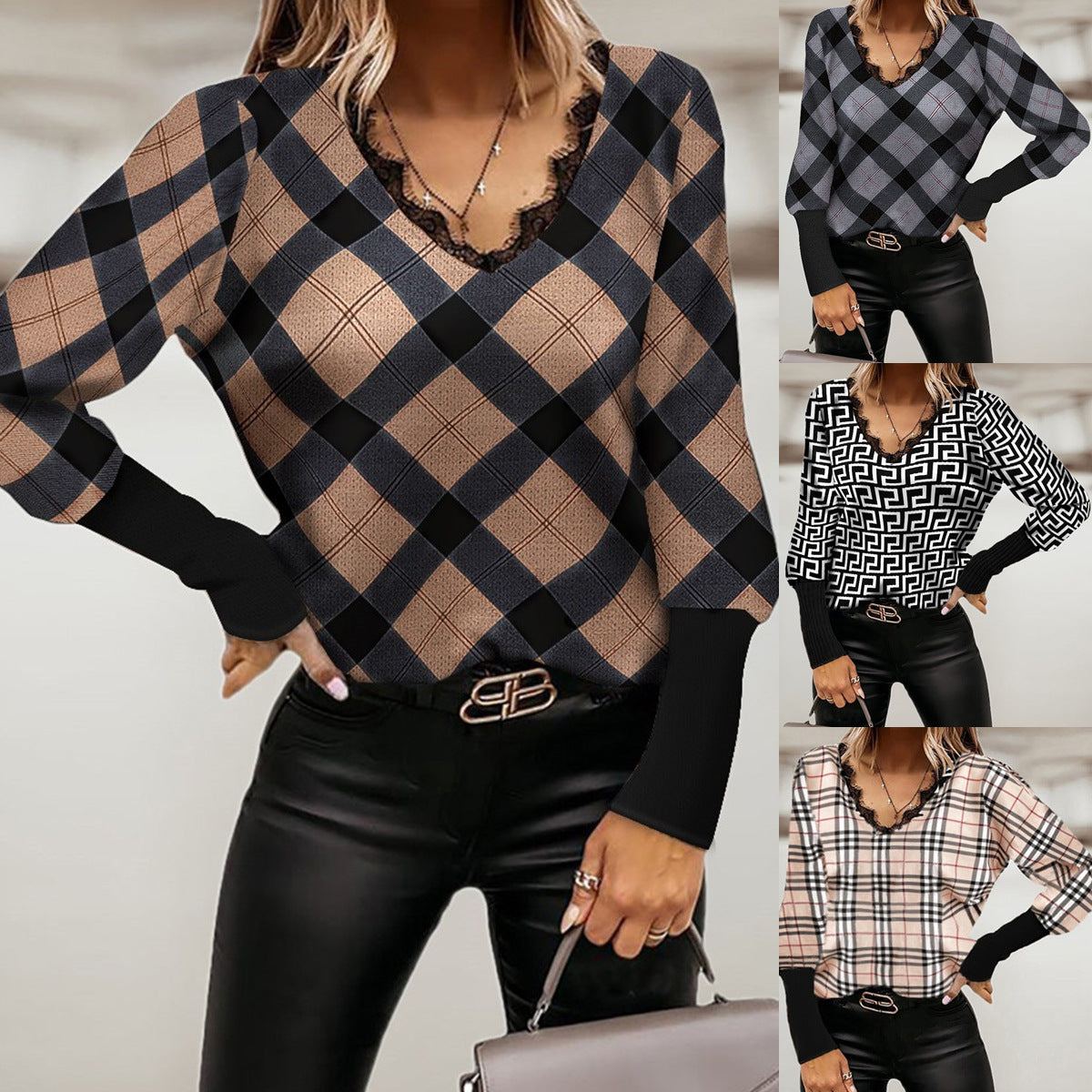 Loose-Fit V-Neck Check Print Long Sleeve Blouse