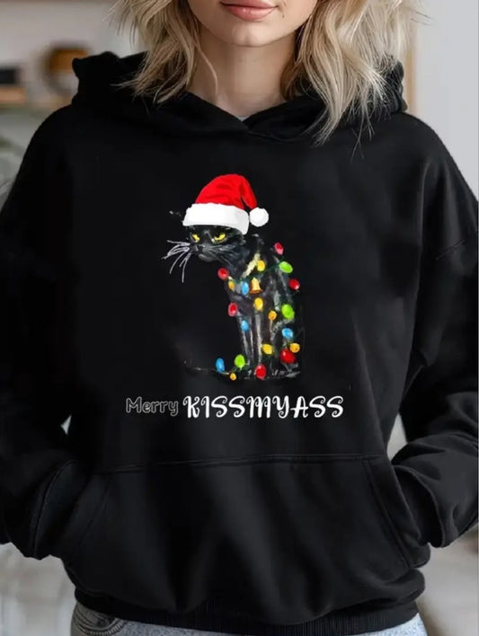 Women's Christmas Black Cat Print Oversized Hoodie – Festive Long Sleeve Sweatshirt with Pockets