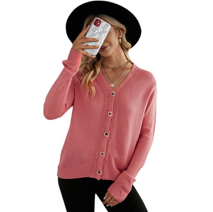 Casual Pure Color V-Neck Single-Breasted Pullover Sweater