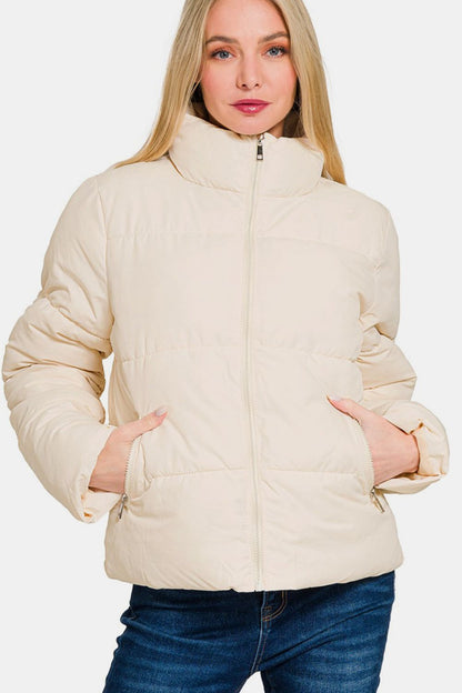 Zenana Zip Up Turtleneck Puffer Jacket with Pockets - PureSelect