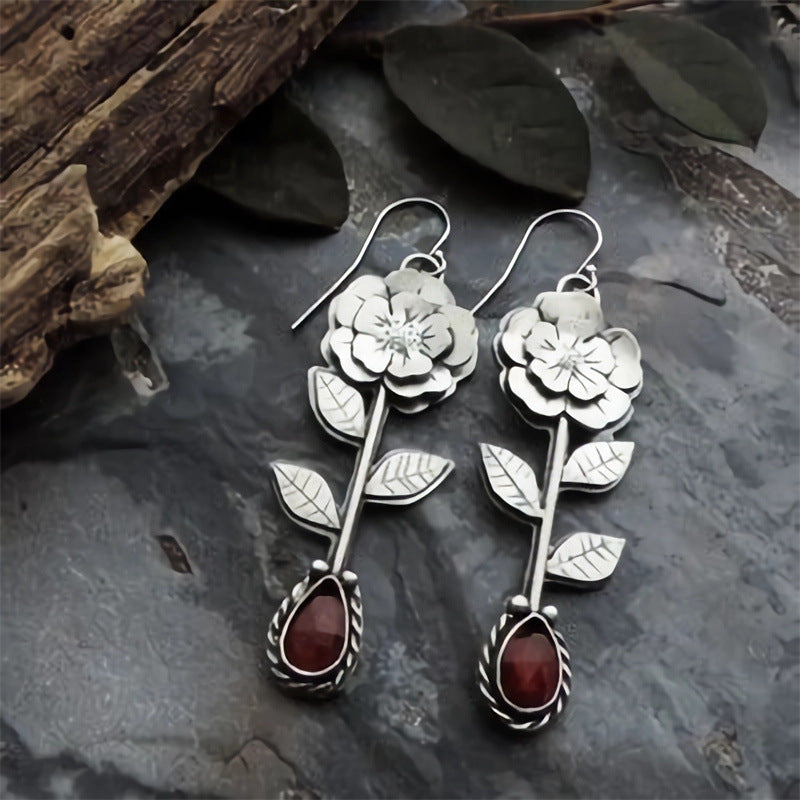 Leaves Flower Ornament Women's Retro Creative Ruby Earrings