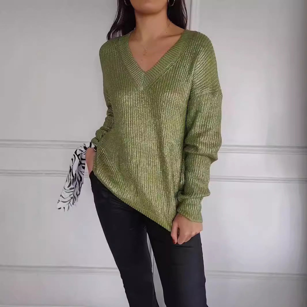 Fashionable V-Neck Knitted Pullover in Bright Silk for Women