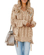 New V-Neck Long Sleeve Loose Pullover with Knitted Lace and Twisted Rope Tie for Women