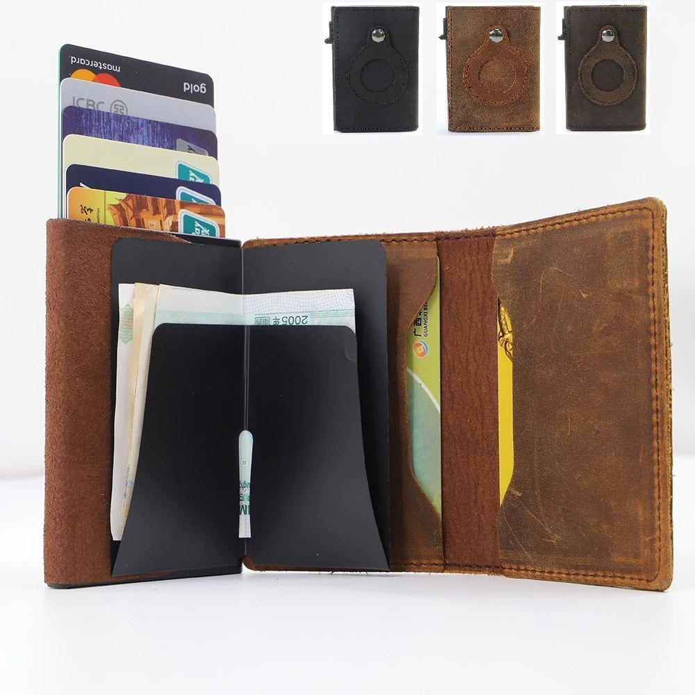 RFID-Blocking Minimalist Leather Wallet with AirTag Compatibility