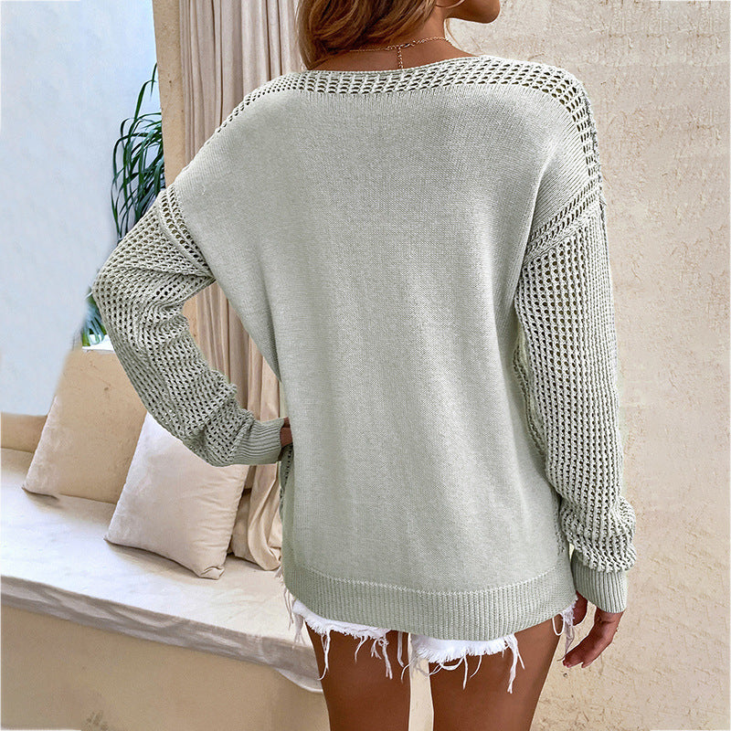 New Solid Color V-Neck Pullover Knitted Top for Women