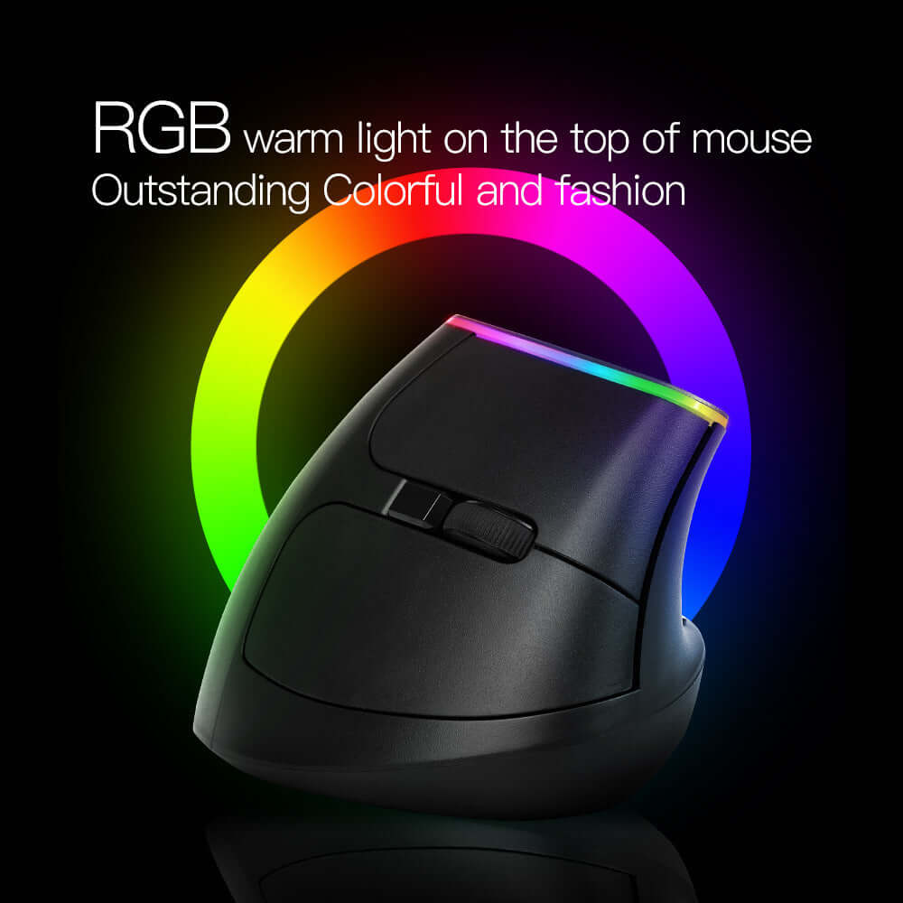 Colorful RGB vertical ergonomic wireless mouse M618C with 6 buttons and adjustable DPI, featuring vibrant RGB lights and sleek design.