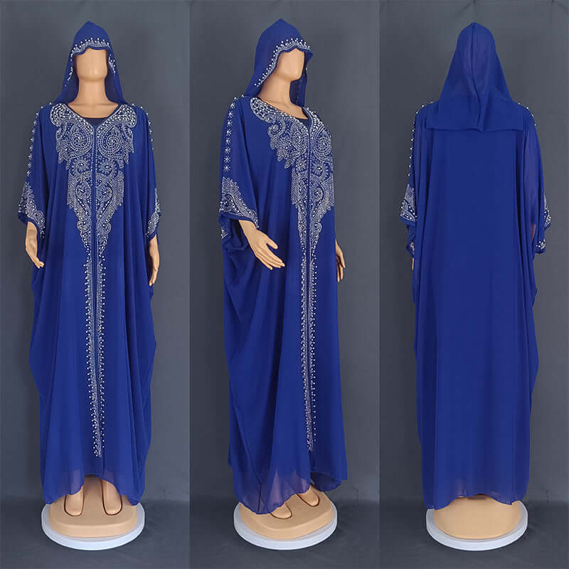 Beaded African Hooded Long Gown with Rhinestones