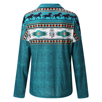 Printed V-Neck Long Sleeve Pullover with Zipper for Women