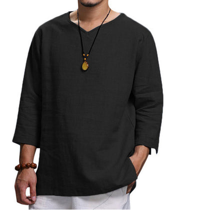 Men's Loose Casual V-Neck Top – Cotton and Linen Long Sleeve Pullover Shirt