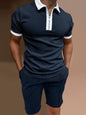 Men's Color Contrasting Short Sleeve Lapel Polo Shirt + Shorts Set