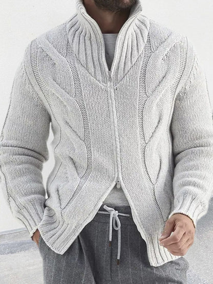 Men's turtleneck cable zipper sweater cardigan