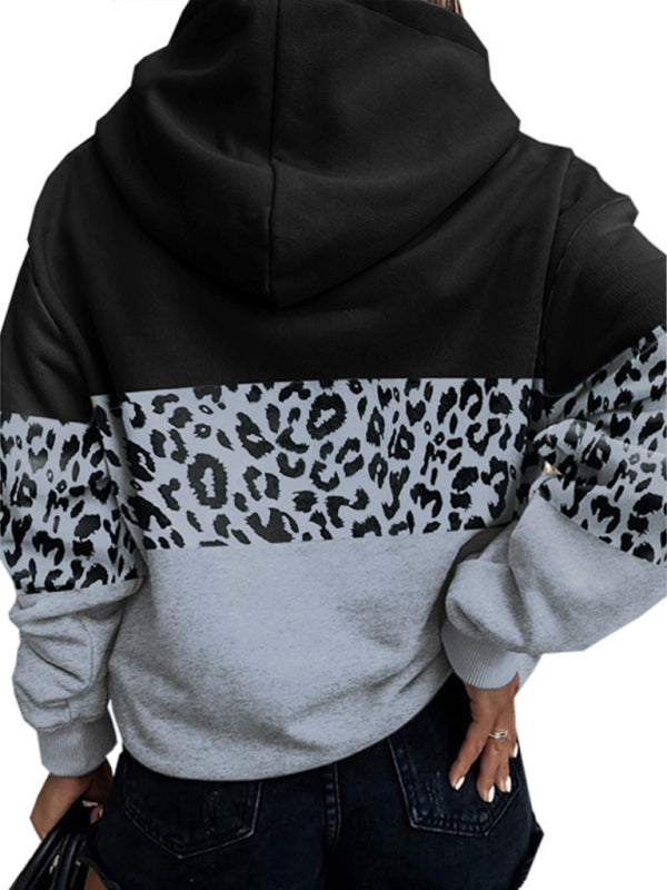 Women's leopard print contrasting color long-sleeve hoodies