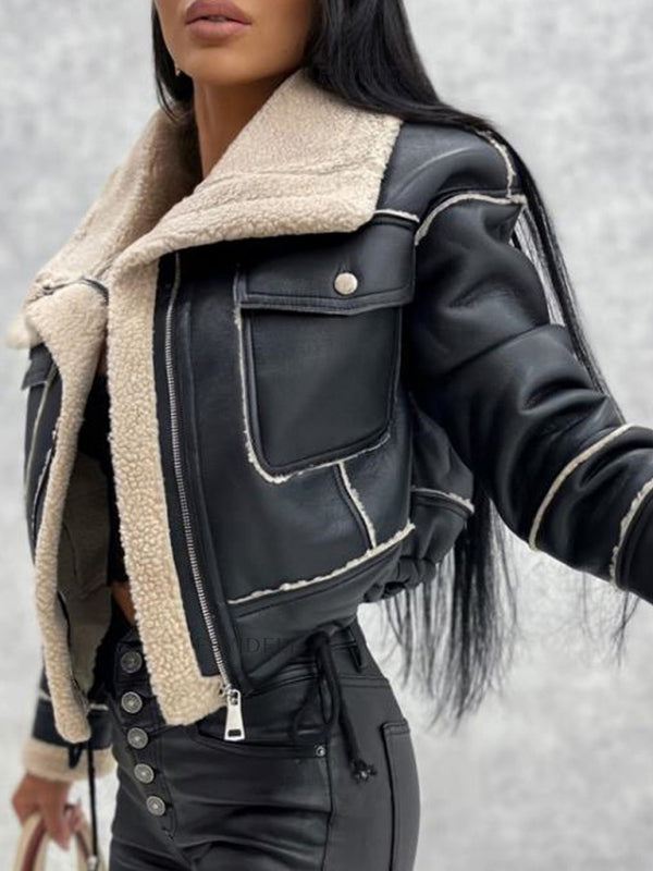 Women's new lamb wool short coat zipper motorcycle style jacket top