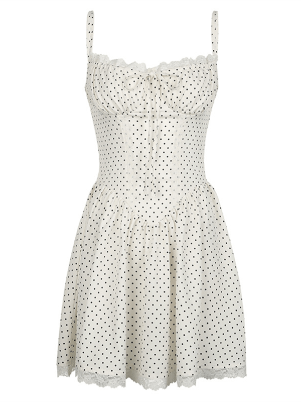 Polka dot contrast color chest tie waist A-line suspender dress