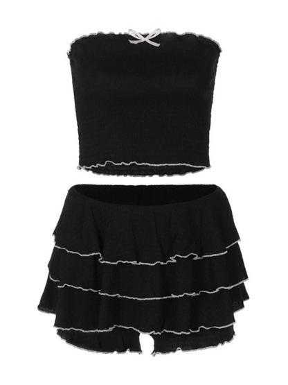 Fashionable tube top pleated cake skirt suit