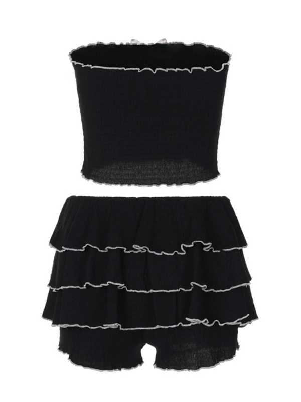 Fashionable tube top pleated cake skirt suit