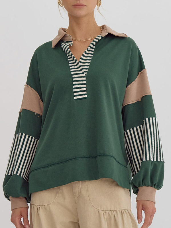 Women's Sweatshirt OversizedPolo Neck Striped Colorblocking Top