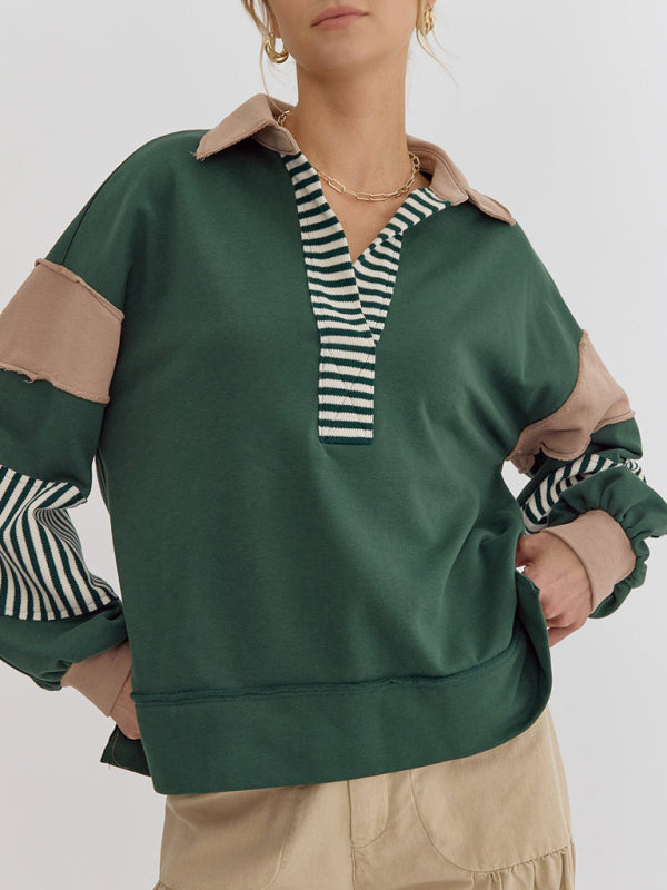 Women's Sweatshirt OversizedPolo Neck Striped Colorblocking Top