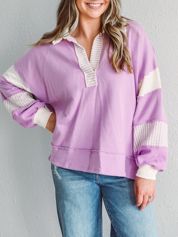 Women's Sweatshirt OversizedPolo Neck Striped Colorblocking Top