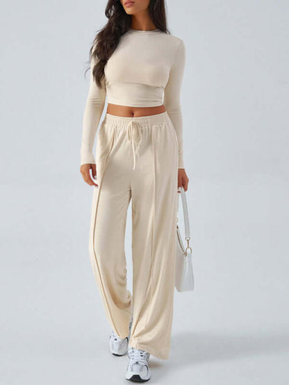 Women's Crew Neck Long Sleeve Top Wide Leg Pants Set