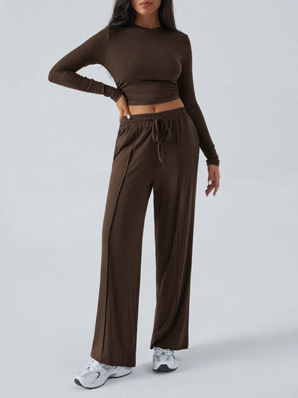 Women's Crew Neck Long Sleeve Top Wide Leg Pants Set