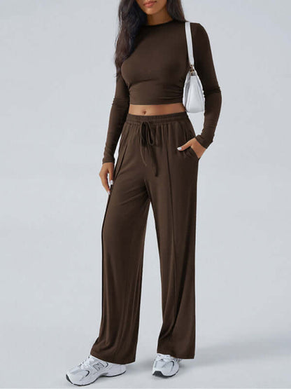 Women's Crew Neck Long Sleeve Top Wide Leg Pants Set