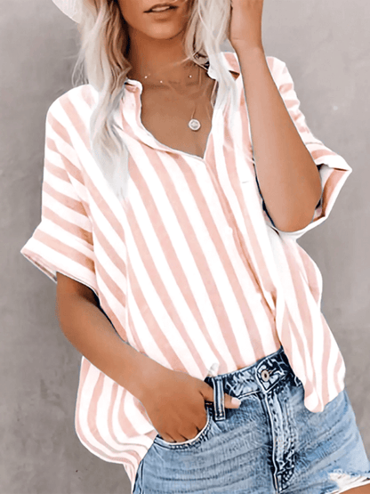 Women's Two-tone Striped Cardigan Short Sleeve Shirt