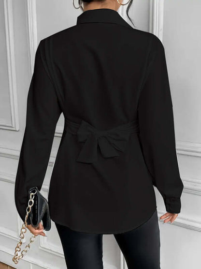 Lapel tie bow waist slimming shirt women's clothing