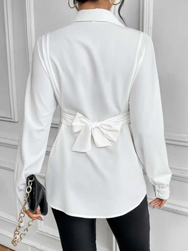 Lapel tie bow waist slimming shirt women's clothing