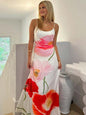 Women's Fashion Printed Suspender Backless Long Beach Dress