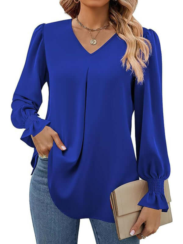 New solid color chiffon shirt V-neck pullover flared long-sleeved top shirt - PureSelect